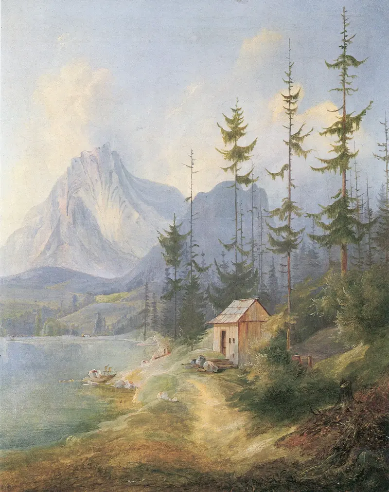 A serene lakeside scene with a hut, sheep, and mountains under a cloudy sky.
