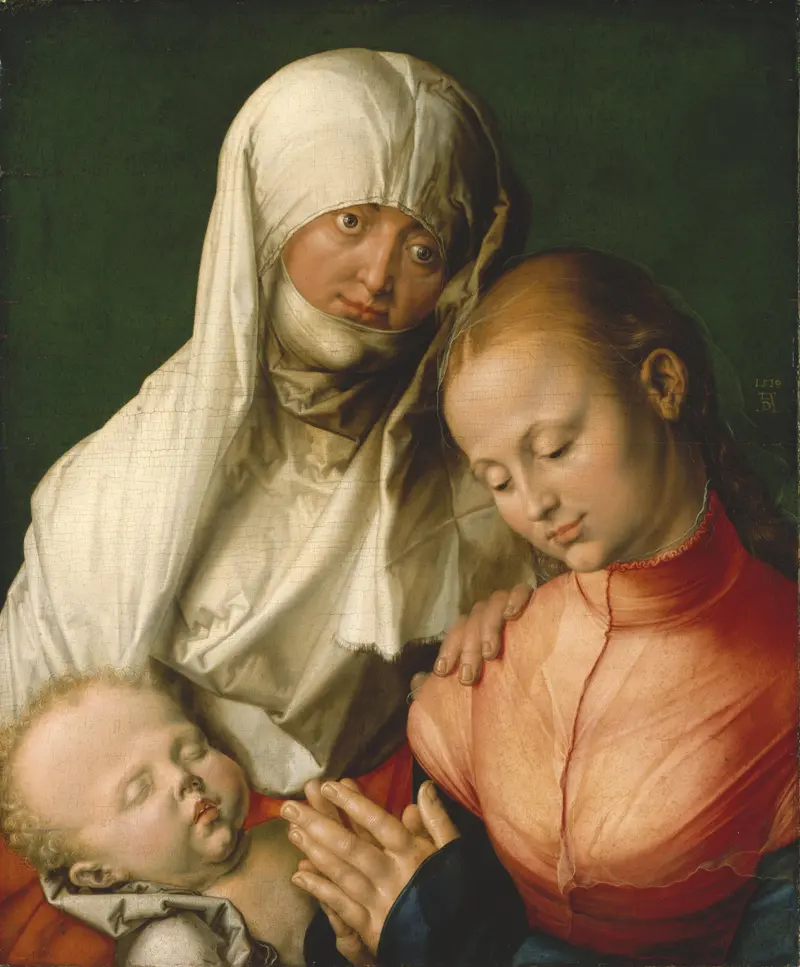 Saint Anne in white bonnet and veil looks outward, Virgin Mary prays with bowed head, and the sleeping Christ Child rests at their feet against a green background.
