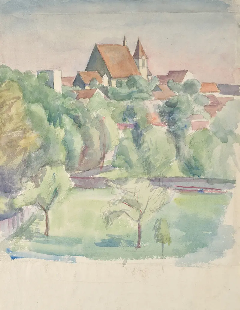 Landschaft mit Kirche by Walther Gamerith, oil on canvas depicting a tranquil landscape with a church.