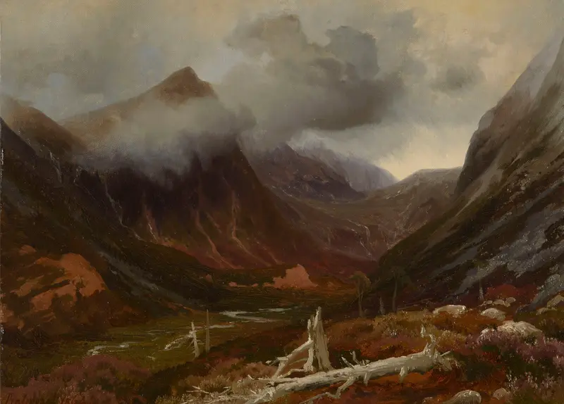 A dramatic landscape featuring a jagged peak, mist, and a skeletal tree in the foreground.