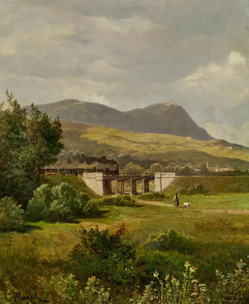 A steam train in a landscape, oil painting by Leopold Munsch