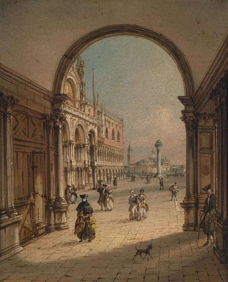 Piazzetta San Marco by Carlo Grubacs, oil on canvas, features the campanile and vibrant piazza in Venice.