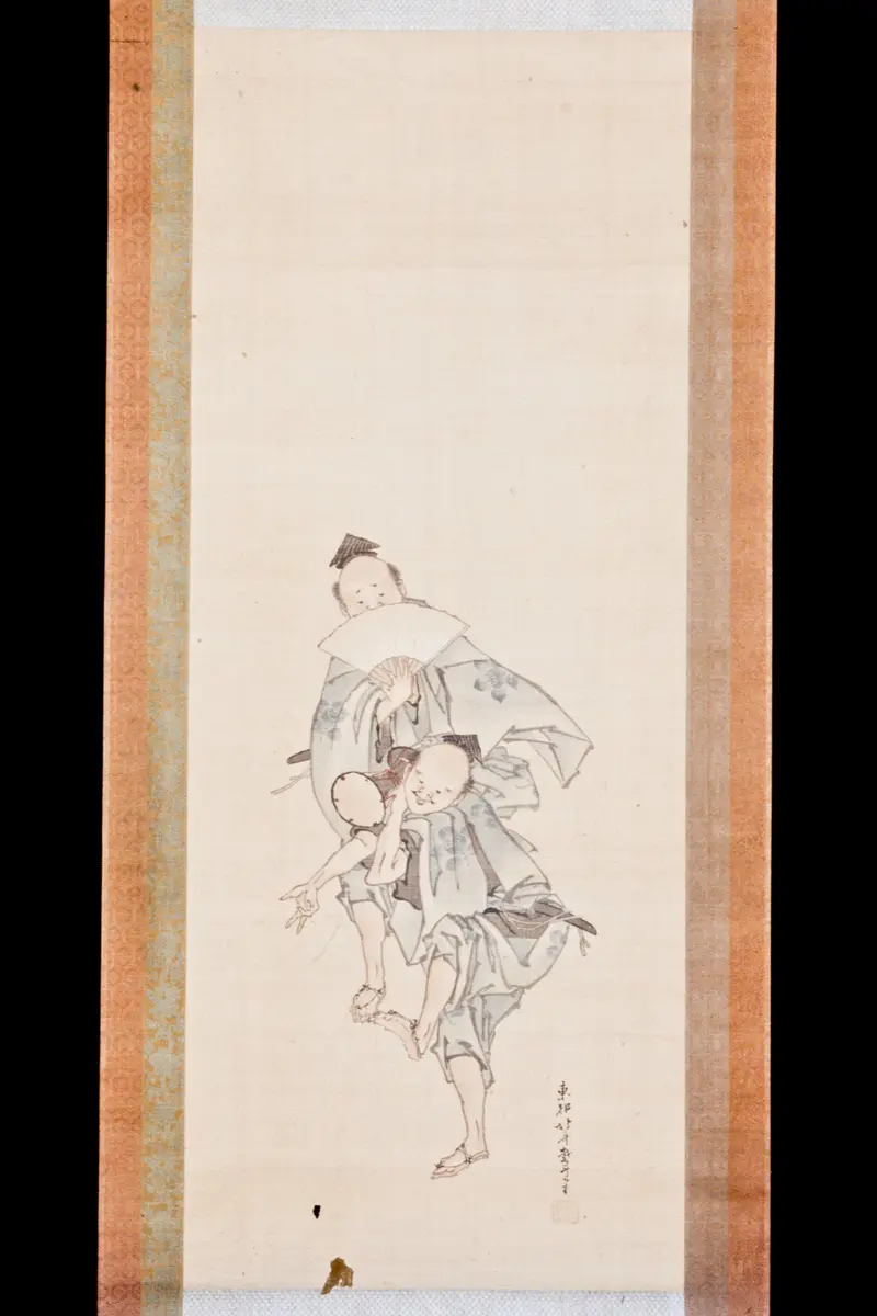 A lively depiction of two manzai performers engaging in comic banter during Japan's New Year festivities.