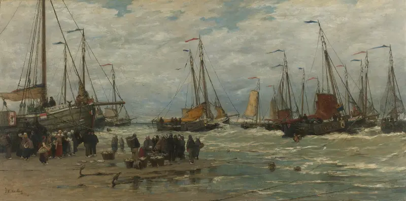 Fishing Pinks in Breaking Waves, oil on canvas by Hendrik Willem Mesdag, depicting fishermen and boats on the beach.