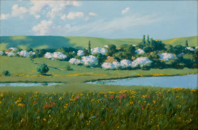 Spring landscape with a pond, oil on canvas by Stanisław Witkiewicz