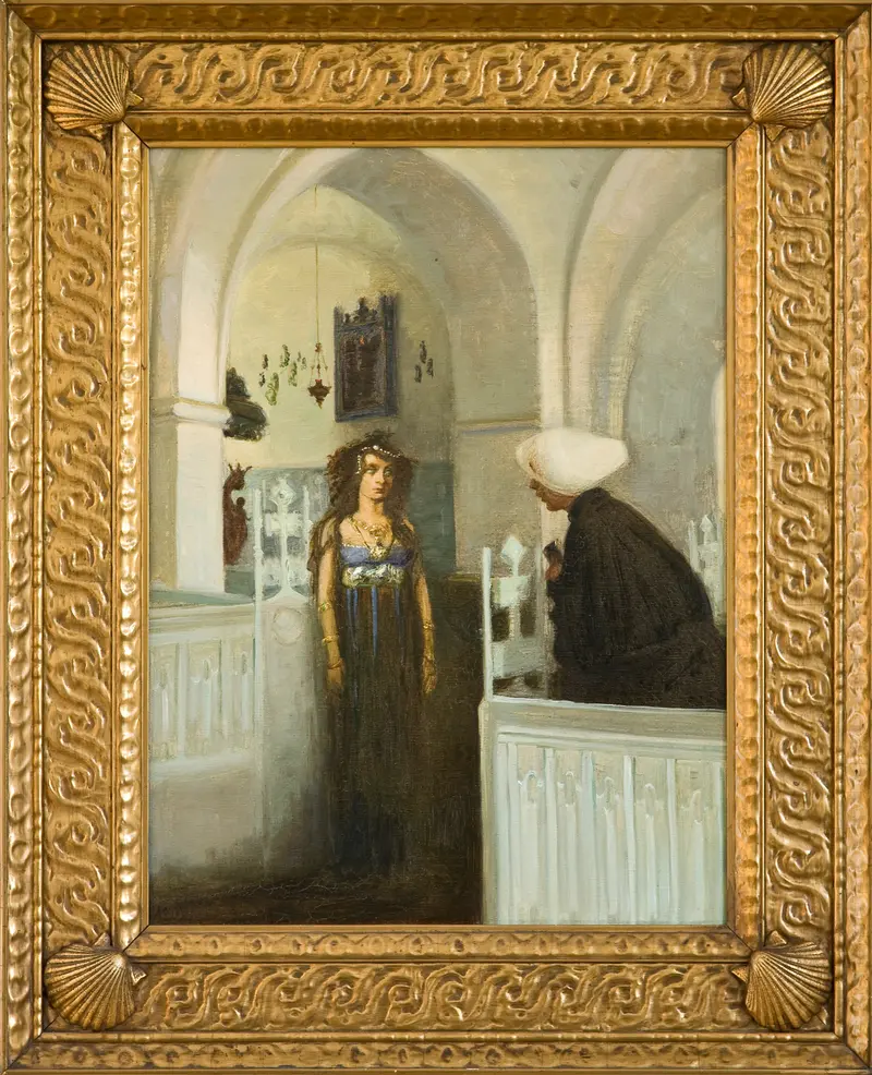 A woman in a richly adorned dress stands opposite a man in dark robes within a church interior.
