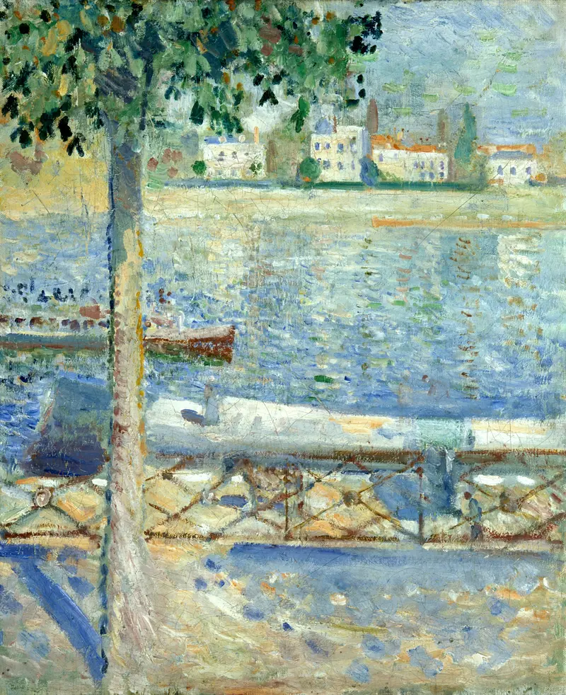 The Seine At Saint-Cloud by Edvard Munch, oil painting depicting a river at sunset.