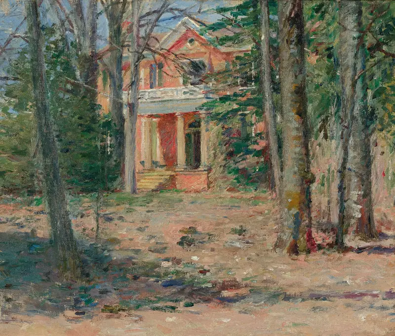 Landscape with a house, flowers, and trees by Theodore Robinson, oil painting