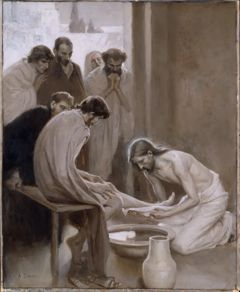 A depiction of Jesus washing the feet of his disciples.