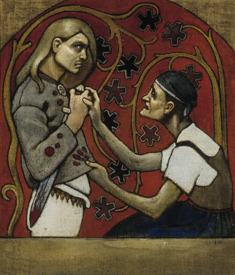 Two figures in a moment of violence, one standing rigidly and the other kneeling, with blood-red stains on the standing man's coat.