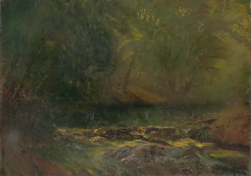 Forest Interior with a Brook, oil painting by Ladislav Mednyánszky, depicting a tranquil landscape with a brook.
