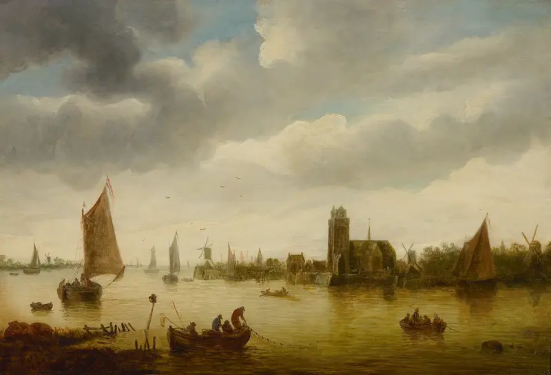 Rivierlandschap by Jan van Goyen, oil painting depicting a tranquil river scene with boats.
