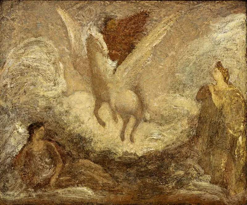 A depiction of Pegasus, the mythical winged horse, captured at the moment of ascent.
