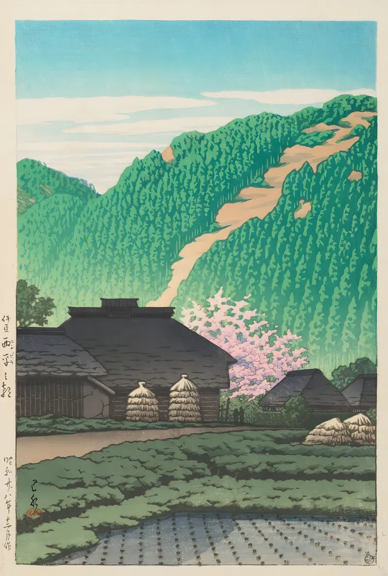 Woodblock print by Kawase Hasui depicting a serene morning landscape with mountains and a village.