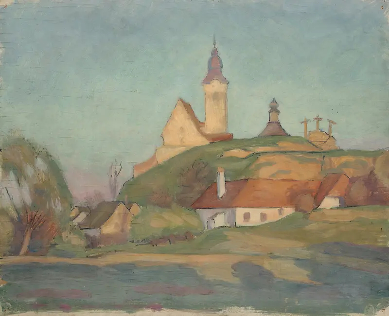 Landschaft mit Kirche by Walther Gamerith, oil painting depicting a serene landscape with a church.
