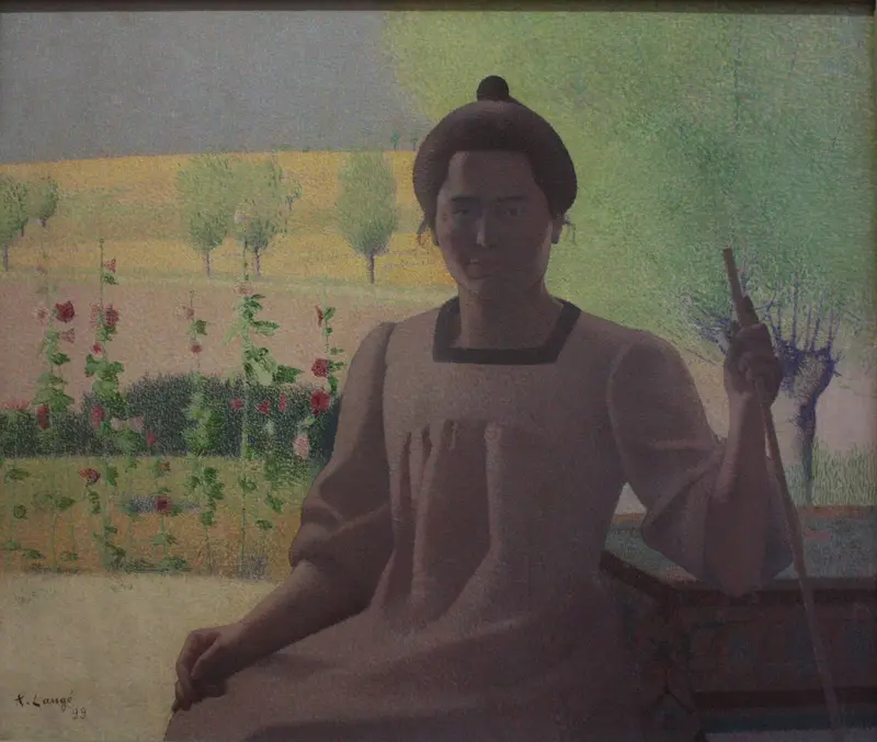 A figure sits in a sunlit garden, her face half-shadowed, surrounded by blooming flowers in a mosaic of colors.