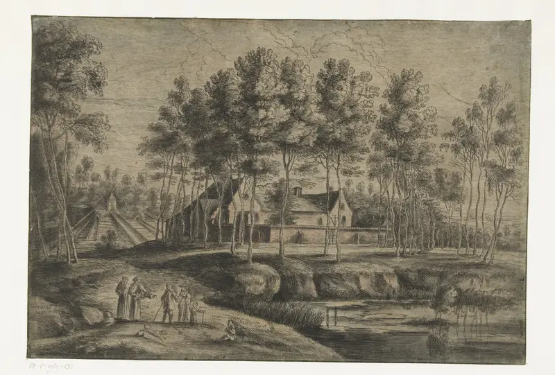 Etching by Lucas van Uden depicting the Capuchin monastery in Tervuren surrounded by greenery.