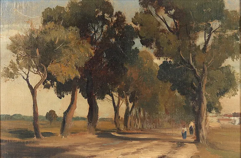 A serene path beneath trees, with two figures walking in quiet solitude, illuminated by dappled sunlight.