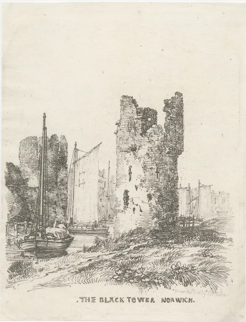 The Black Tower Norwich, watercolor on paper by Robert Dixon