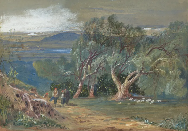 A distant view of Corfu from Viros, oil on canvas by Edward Lear, featuring hills and calm sea reflections.
