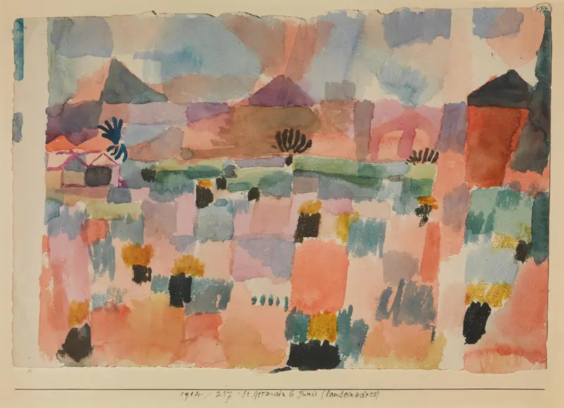 Paul Klee's 'St.Germain b. Tunis (landeinwärts)' features a vibrant landscape with abstract forms.