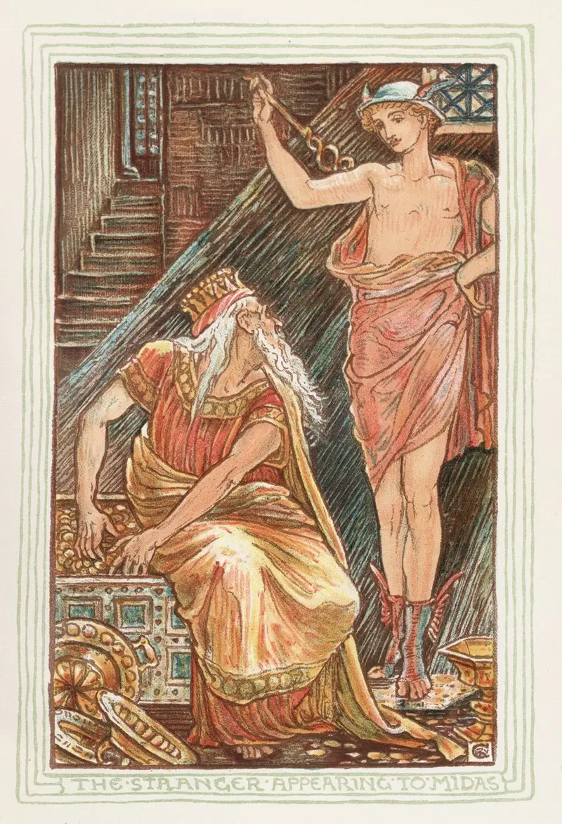 Walter Crane's painting depicts the moment Midas meets the stranger who changes his fate.