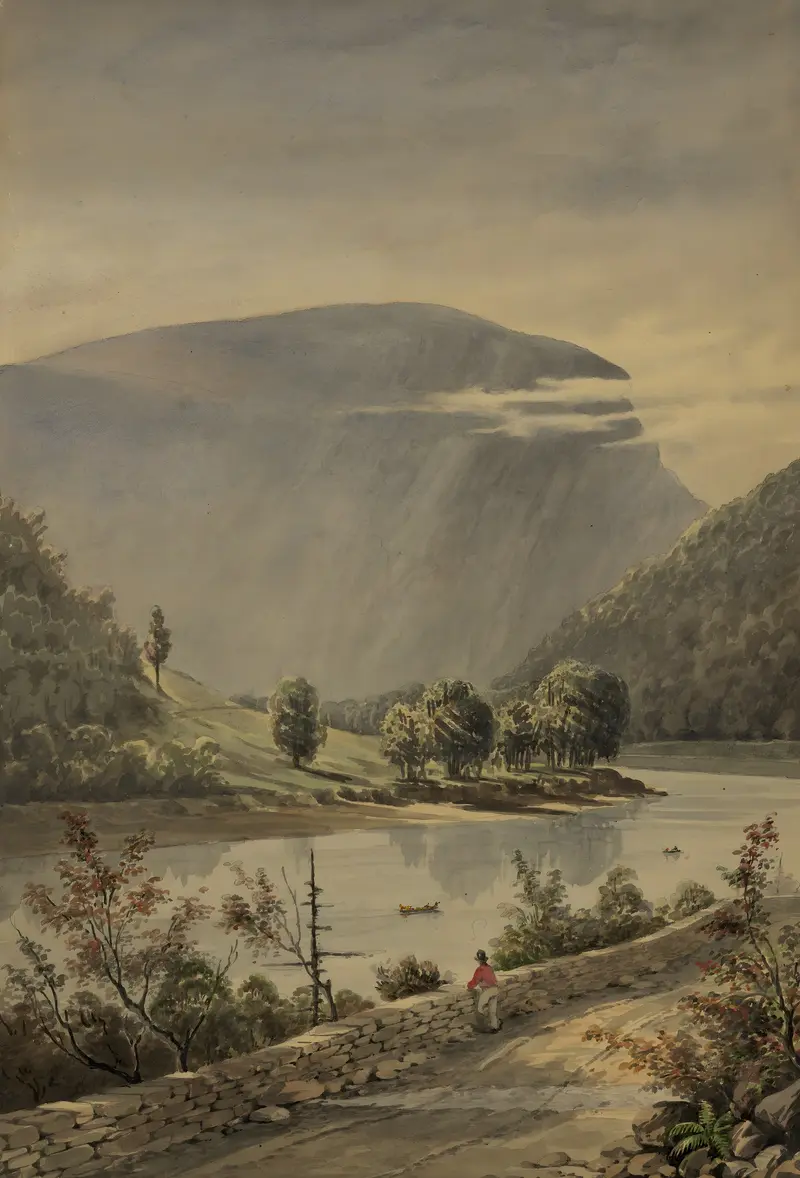 Delaware Water Gap landscape by James Fuller Queen, oil painting depicting cliffs and river.