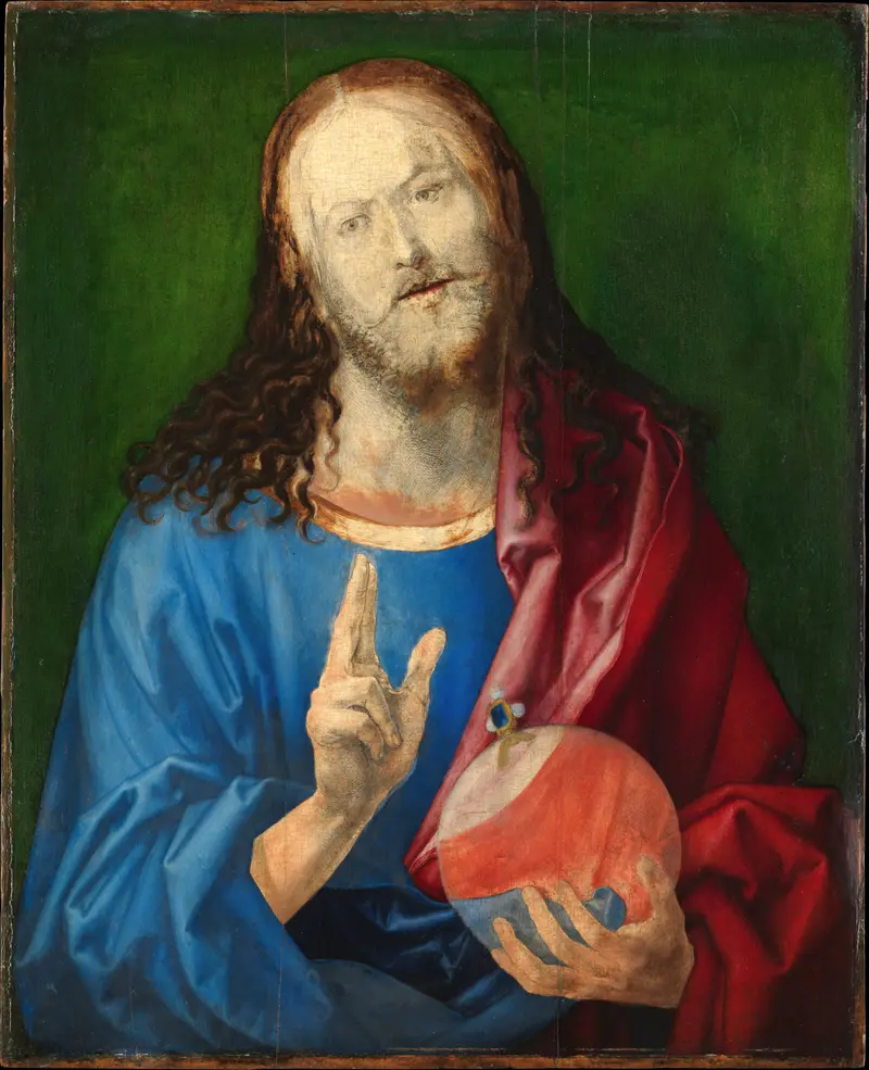 A waist-up portrait of Christ against a green background, raising his right hand in blessing and holding a transparent orb topped with a cross in his left hand.
