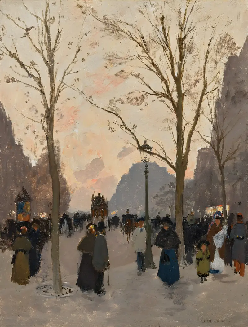 La Place de la République, Paris by Luigi Loir, oil on canvas, depicts a crowd around a statue.