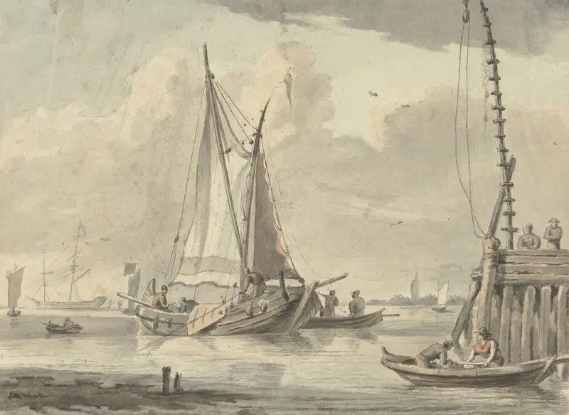 Marine scene with boats and sails by Aert Schouman, oil painting
