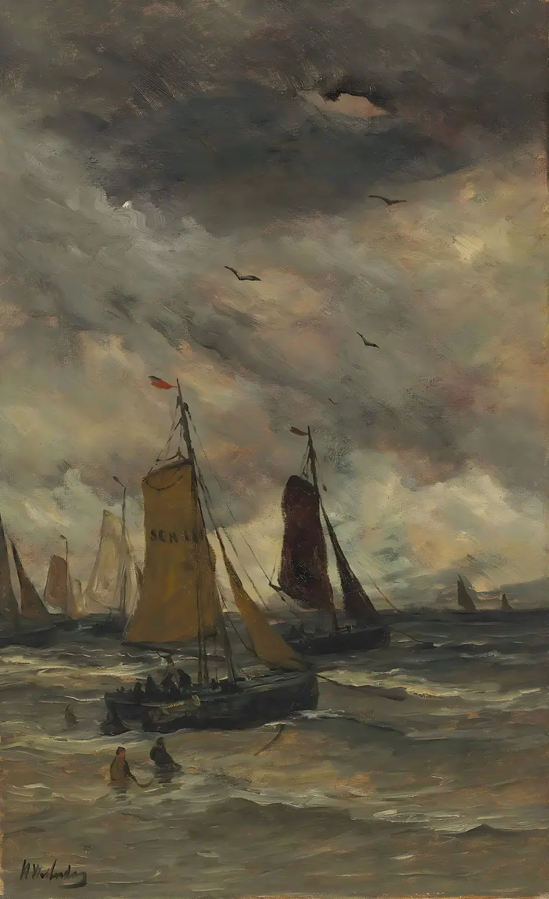 Bomschuiten At Sea by Hendrik Willem Mesdag, oil on canvas depicting fishing boats in stormy waves.
