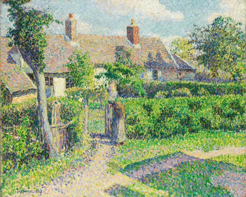Peasants’ houses, Eragny by Camille Pissarro, oil painting of rustic houses in a rural landscape.