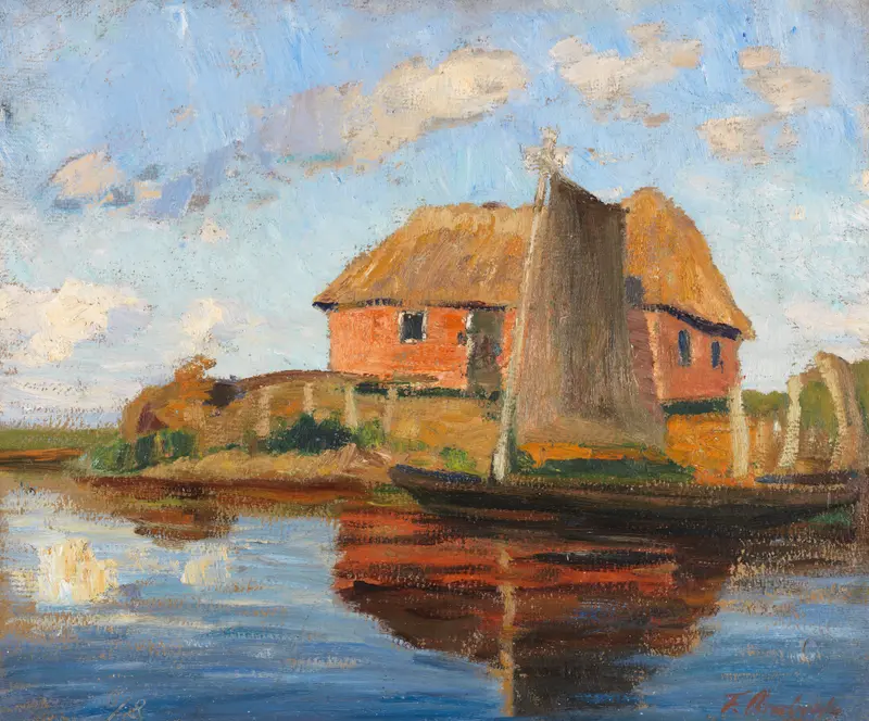 Hammehütte mit Torfkahn by Fritz Overbeck, impressionist landscape depicting a village by a river.