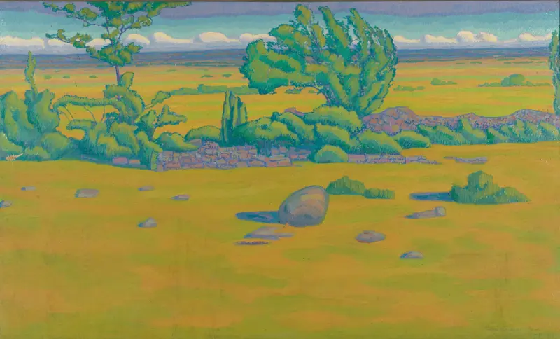Öland by Helge Johansson, oil on canvas depicting a tranquil seascape with blues and greens.