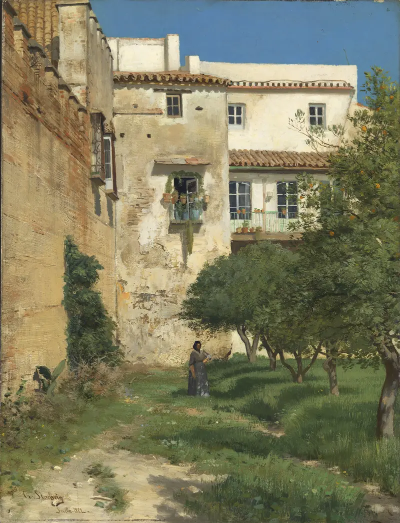 Landscape oil painting by Christian Skredsvig featuring a golden-hued sky and Spanish architecture.