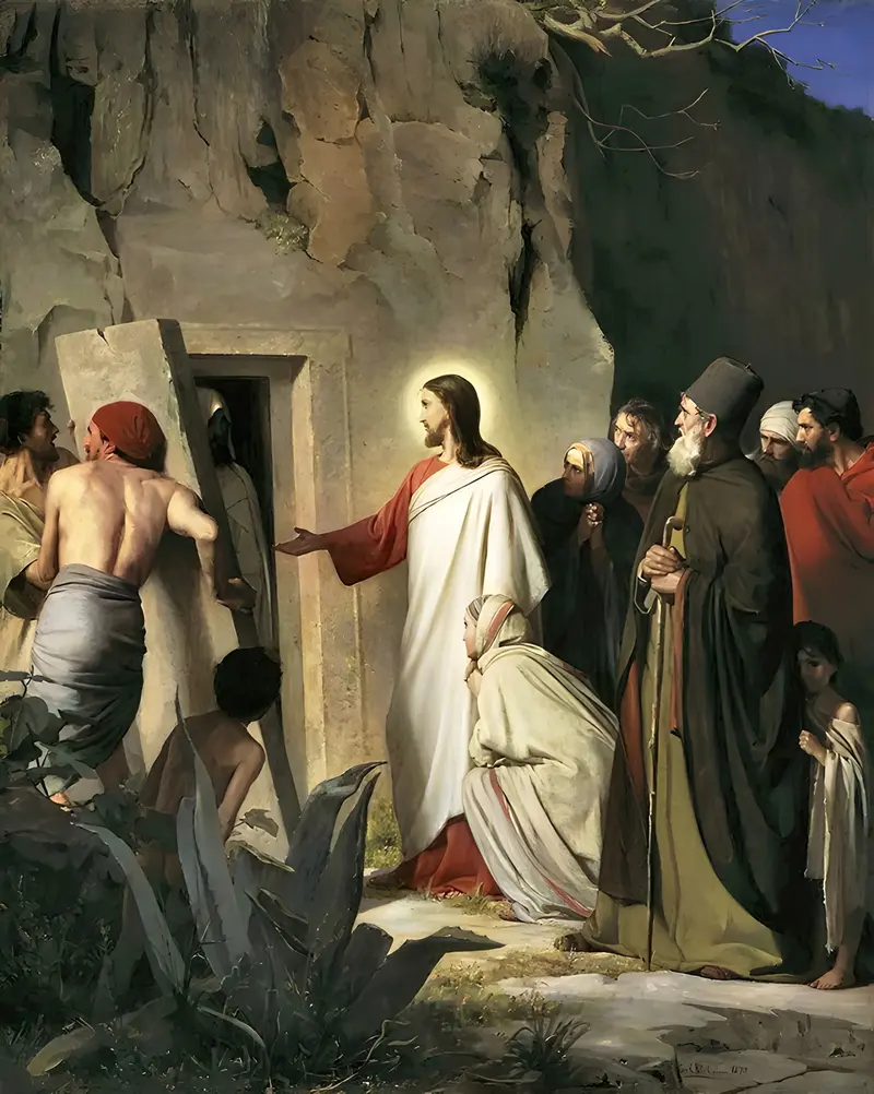 Carl Bloch's 'The Raising of Lazarus' depicts a dramatic biblical scene with vivid colors and expressive figures.