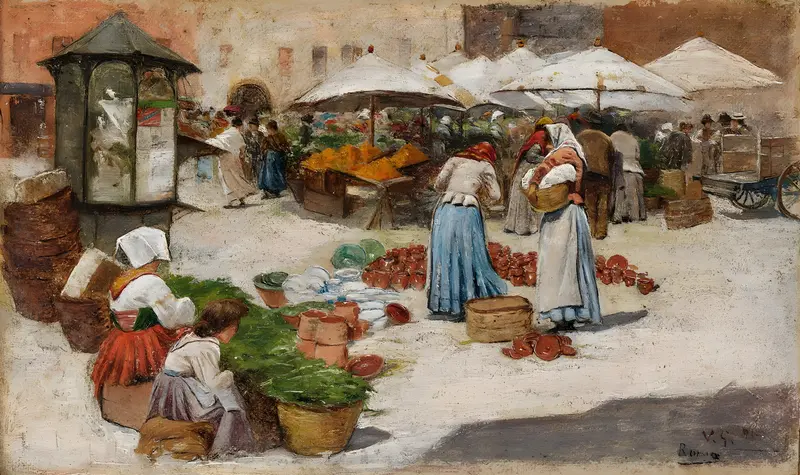 A bustling vegetable market scene by Victor Gabriel Gilbert.