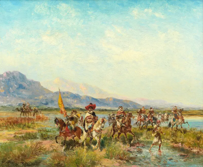 Horsemen fording a river, oil painting by Georges Washington