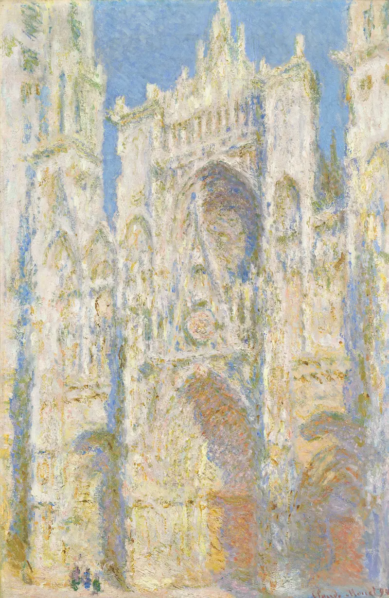 A close-up view of Rouen Cathedral's sunlit stone façade and central portal painted with thick, colorful brushstrokes against a blue sky.