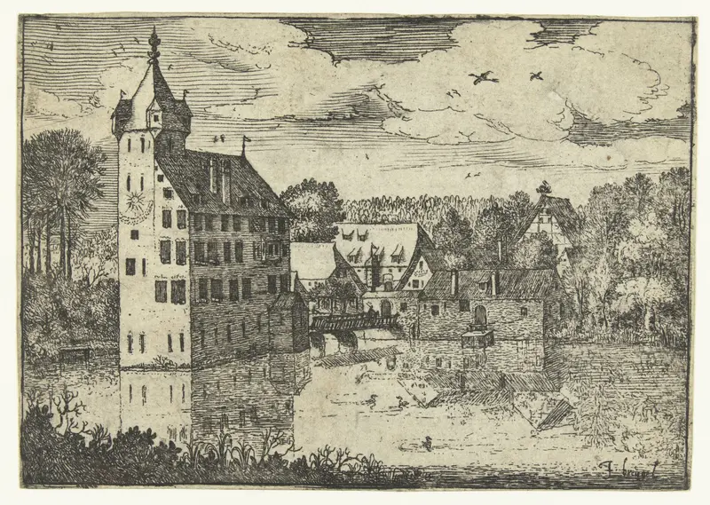 Etching by Jan Brueghel (I) depicting Kasteel Unterburg te Nürnberg with sunlight and greenery.
