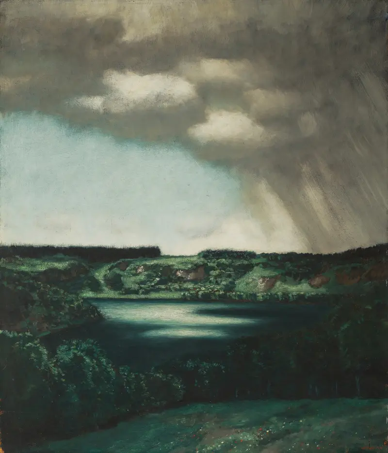 Landscape oil painting by Hermann Urban depicting a rain-soaked scene.