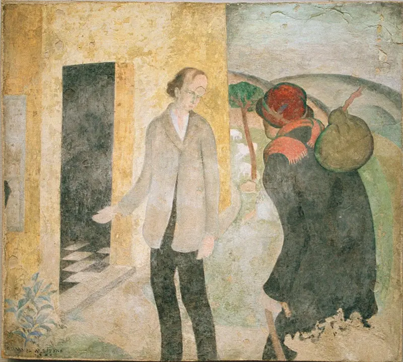 A painting depicting a host offering bread to a weary traveler, symbolizing hospitality.