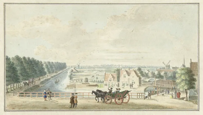 Etching by Jan de Beijer depicting Catharijnepoort in Utrecht with trees and river.