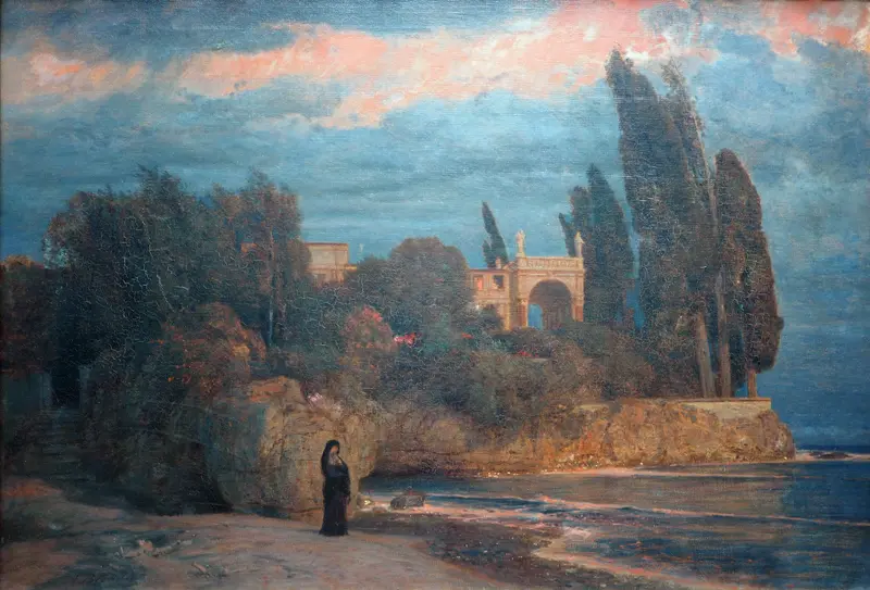 Villa by the Sea, oil on canvas by Arnold Böcklin, depicting a villa beside the tranquil sea.