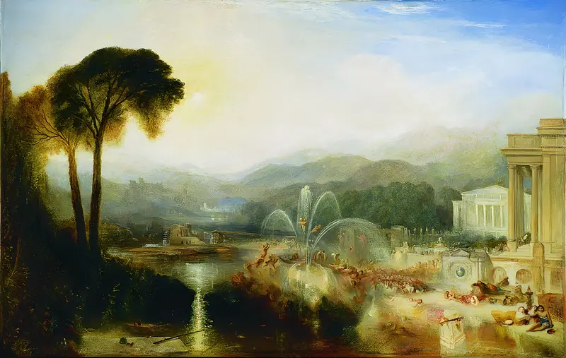 A dreamy landscape painting depicting weary travelers surrendering to sleep by a fountain in an enchanted garden.