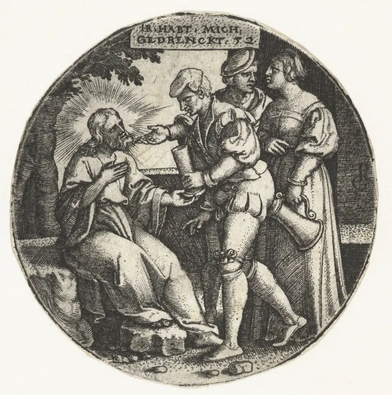 Engraving by Georg Pencz depicting a figure offering a cup of water in a religious scene.