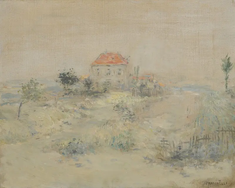 La villa – Environs de Paris by Jean François Raffaëlli, oil on canvas, depicting a villa with lush foliage.