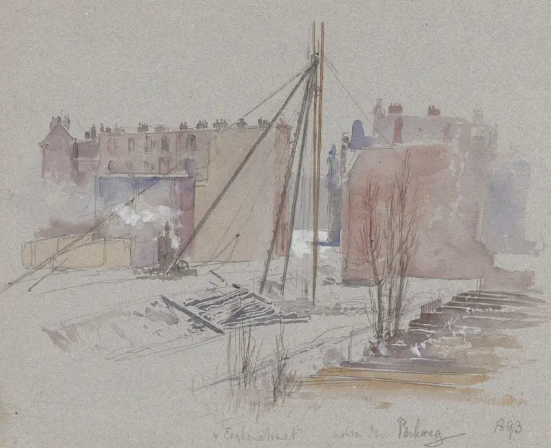 Urban landscape with construction in muted colors, oil painting by Jan Hoynck van Papendrecht