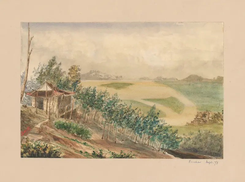 Watercolour by Auguste Mouillesaux de Bernières depicting a serene landscape.