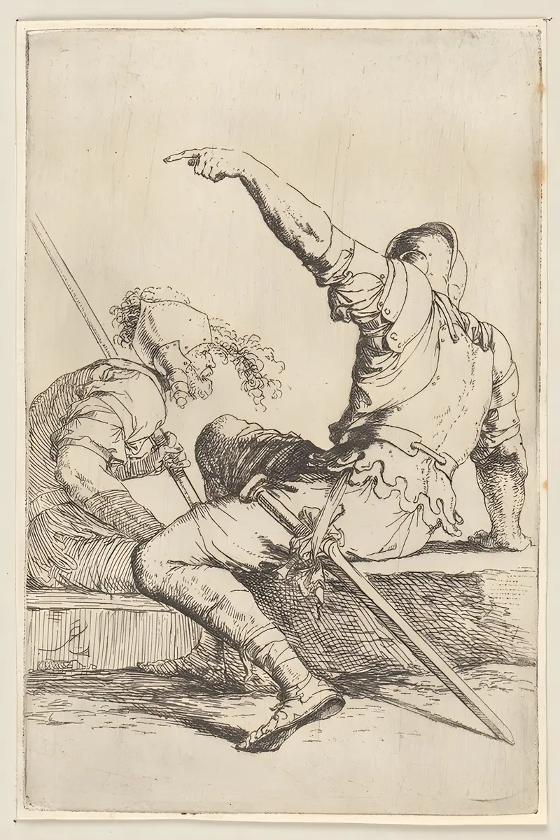 Two soldiers seated on a stone, painted by Salvator Rosa.